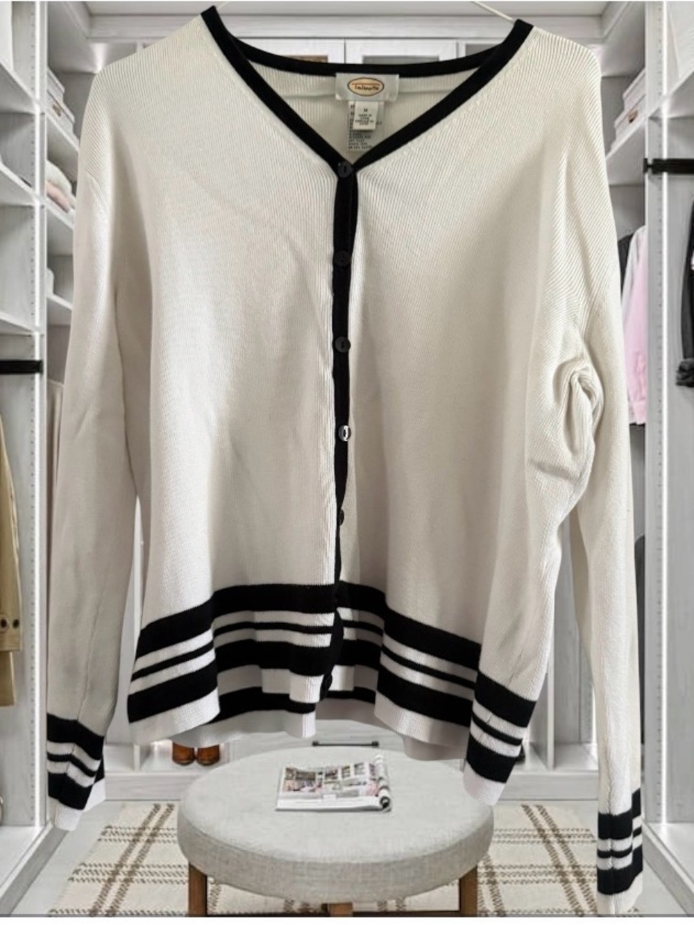 Talbots Women’s M Button-Front V-Neck Cardigan Sweater White Black Stripe